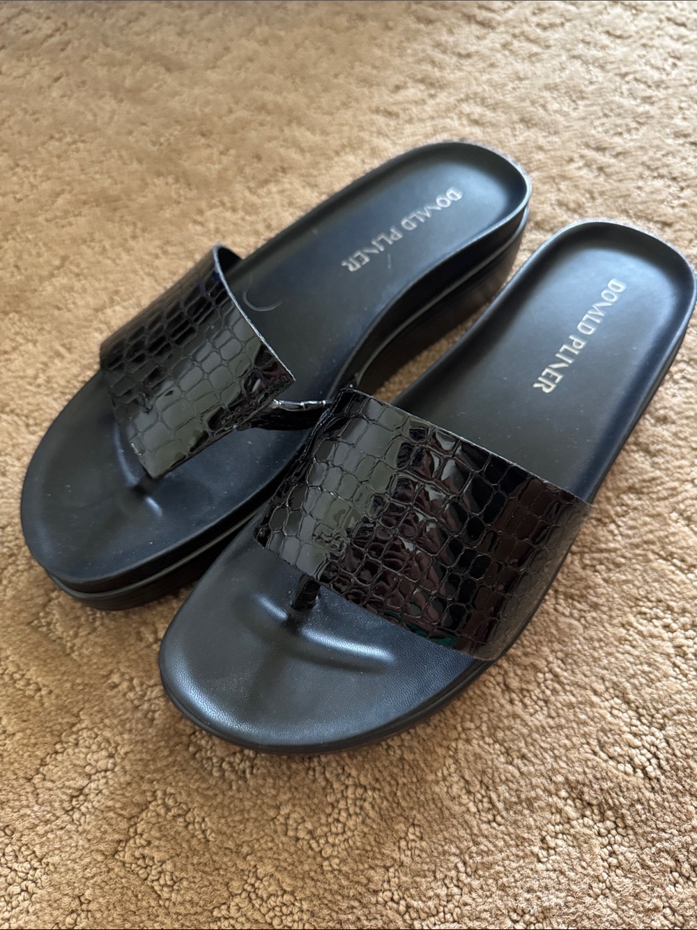 Donald J. Pliner Black Croc-Embossed Platform Toe-Post Slides